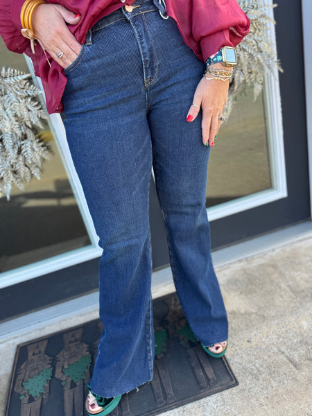 Risen High Rise Flare Jeans With Corduroy Texture