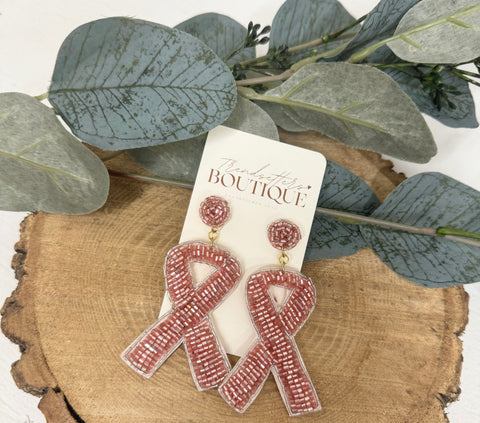 Pink Ribbon Beaded Earrings