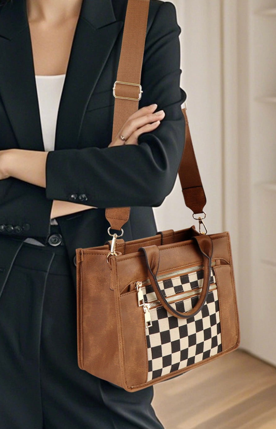 Camel Checkered Crossbody Purse