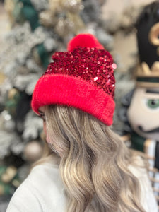 Adult Red Sequin Pom Pom Beanie