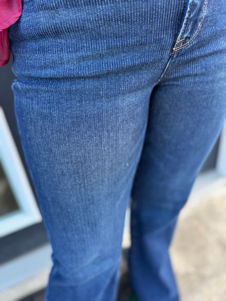 Risen High Rise Flare Jeans With Corduroy Texture