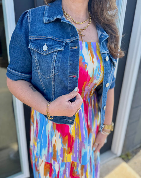 Risen Dark Denim Puff Sleeve Crop Jacket