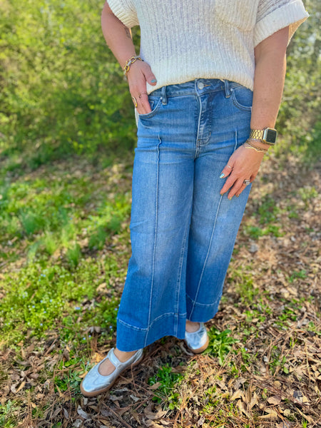 Risen Tummy Control Mid Rise Crop Wide Leg Jeans