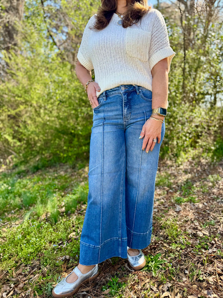 Risen Tummy Control Mid Rise Crop Wide Leg Jeans