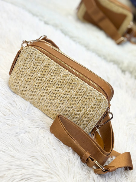 Helena Straw Camel Crossbody Purse