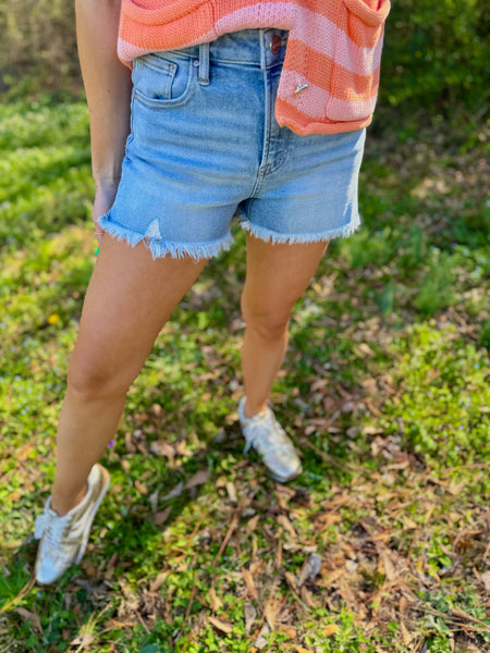 Risen Light Denim Frayed Shorts