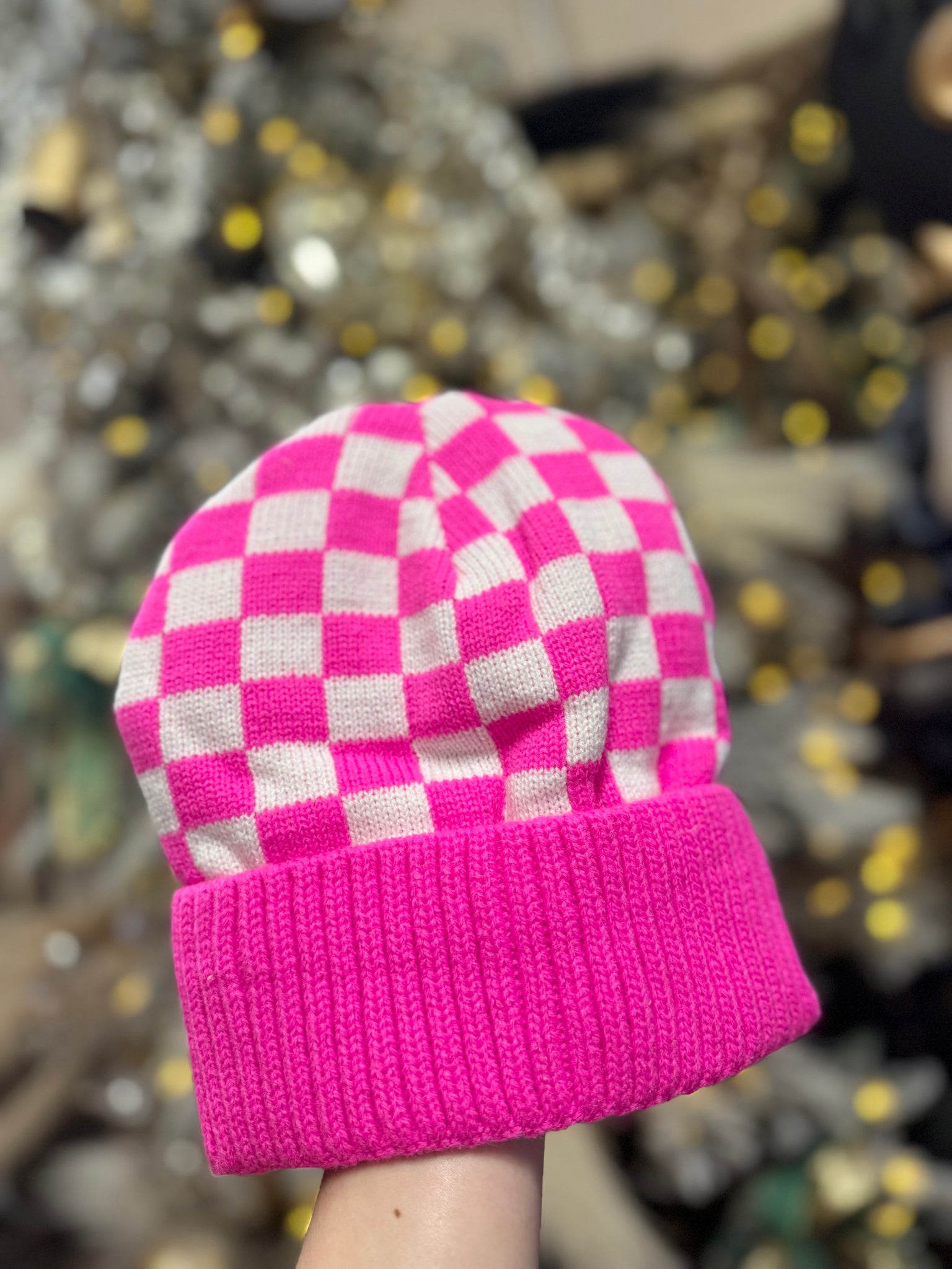 Hot Pink Checkered Beanie