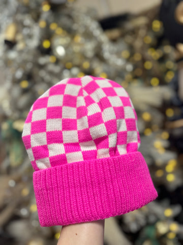 Hot Pink Checkered Beanie