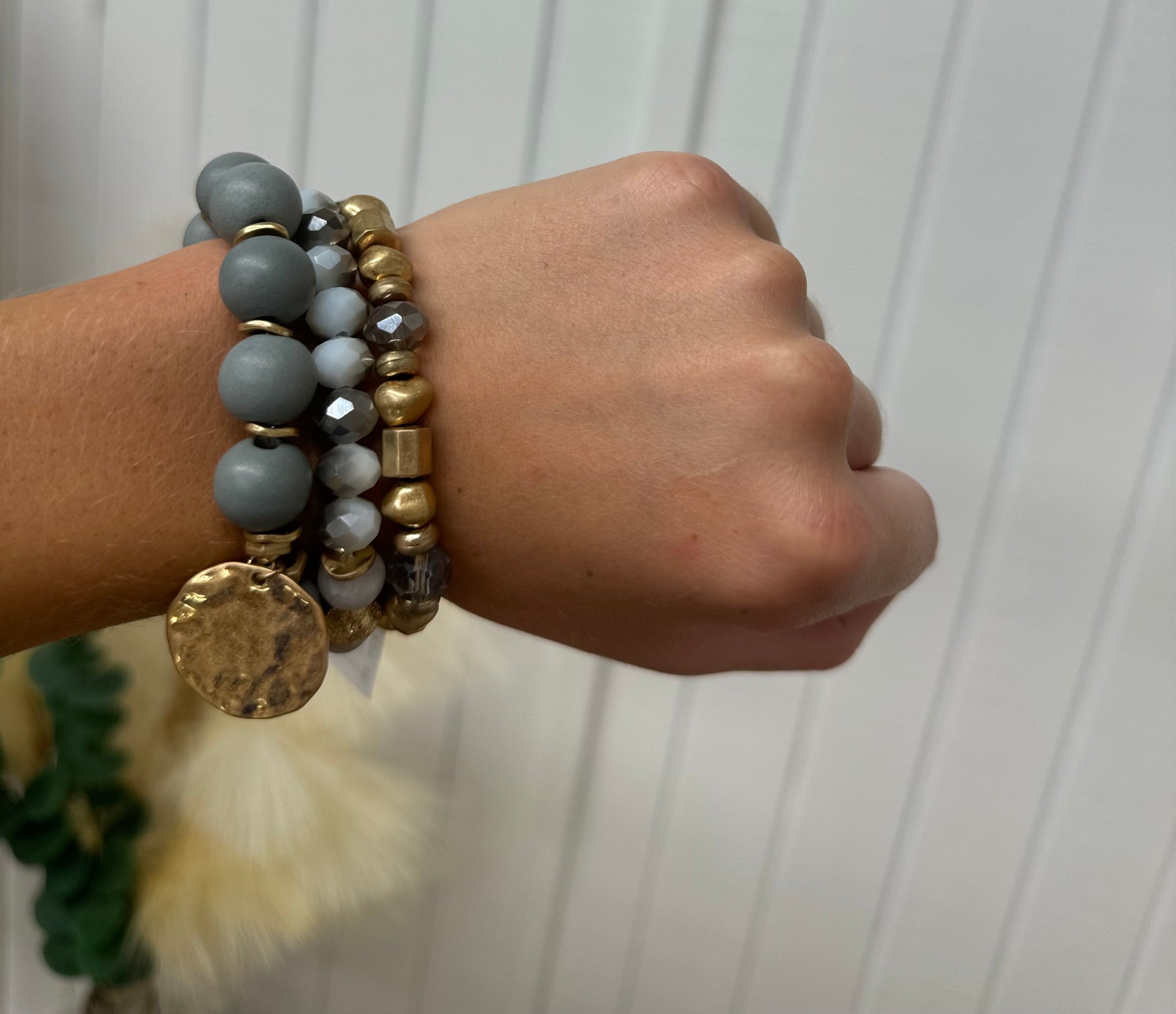 Blue Gray Disk Charm Wood & Bead Bracelet