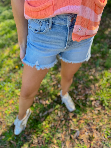 Risen Light Denim Frayed Shorts