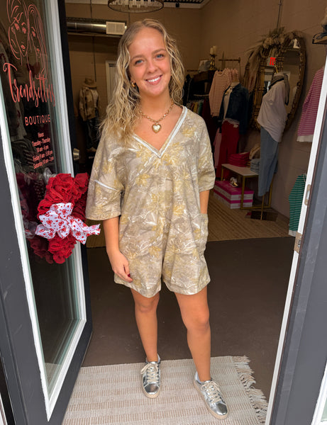 Viral Camo Reversible Romper In Taupe