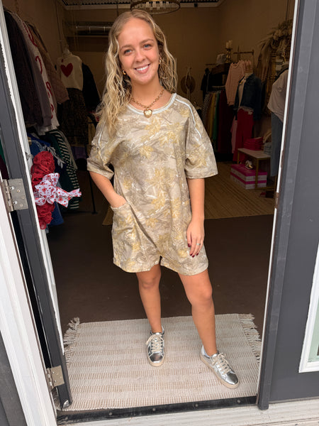 Viral Camo Reversible Romper In Taupe