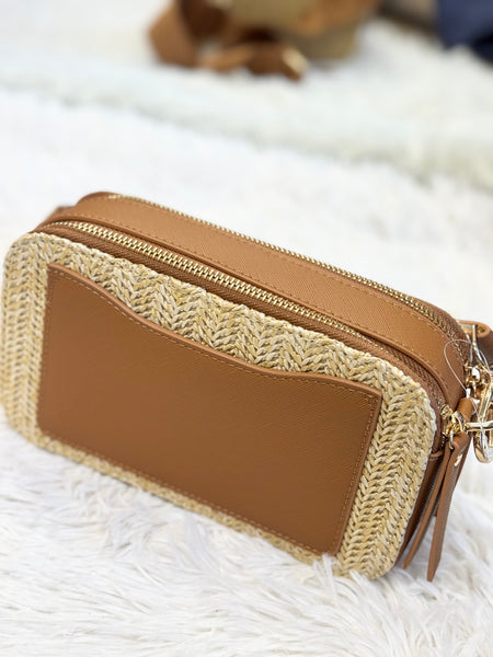 Helena Straw Camel Crossbody Purse