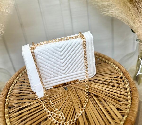 Matte White Clutch With Gold Chain