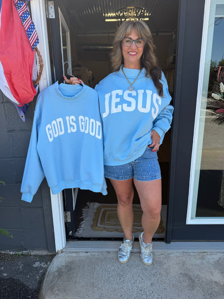 Jesus & God Is Good Oversized Reversible Crewneck