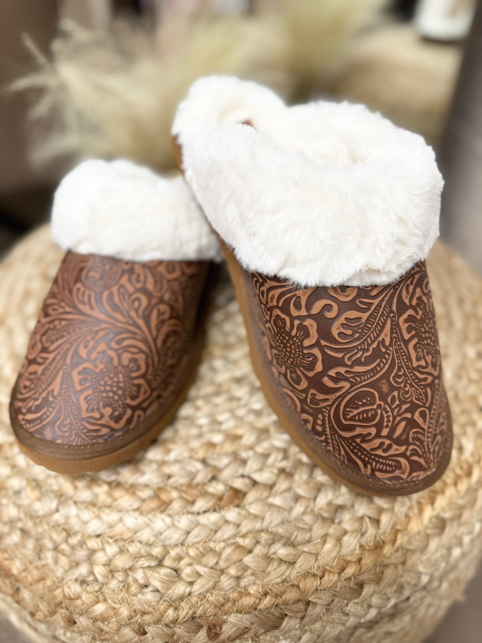 Western Leather Fuzzy Slippers