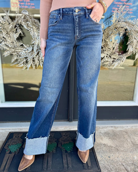Risen Mid Rise Wide Straight Jeans With Cuff